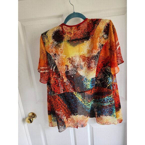 Vintage Sophisticated by WonkyWomen L Open Floral Kimono USA Top Abstract Orange - Picture 3 of 7